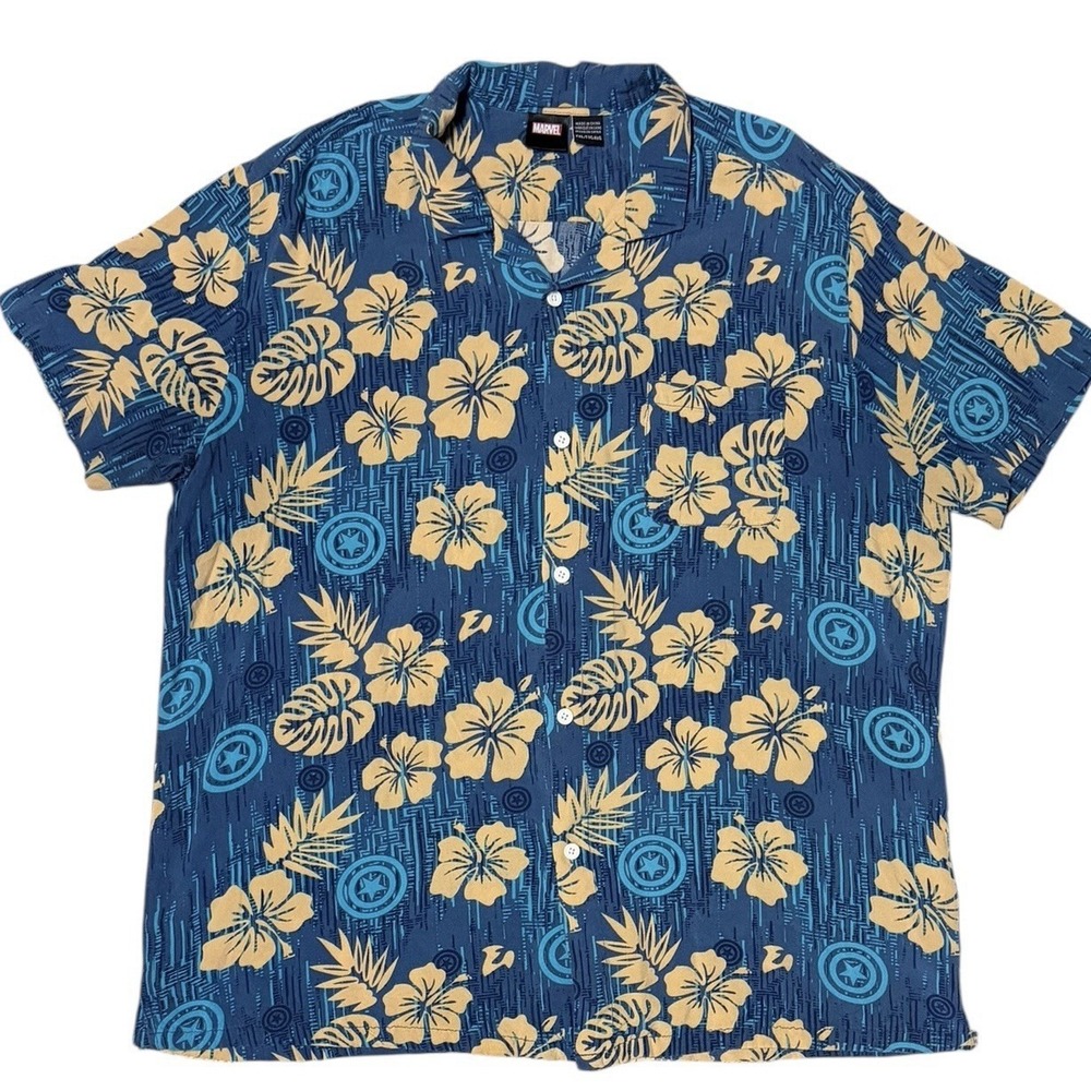 Captain America Hawaiian Shirt Button Up‎ Men's 2XL Camp Tropical Floral Marvel